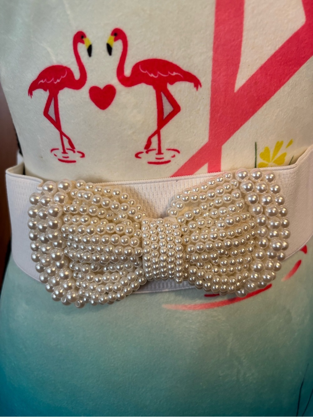 Pearl Bow Stretch Waist Belt - White